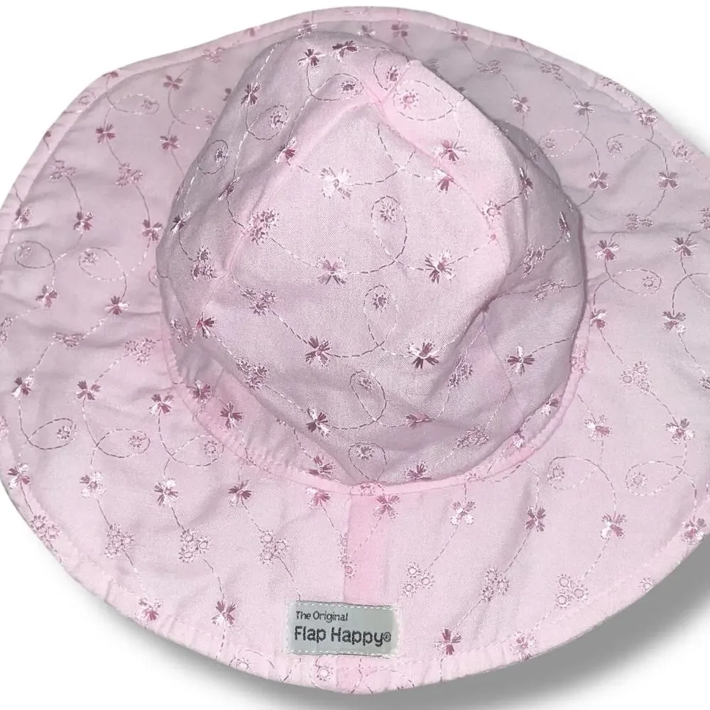 The Original Flap Happy Hat Baby Sun Cap 6-12 Months Pink Eyelet UPF 50 Ties Hat